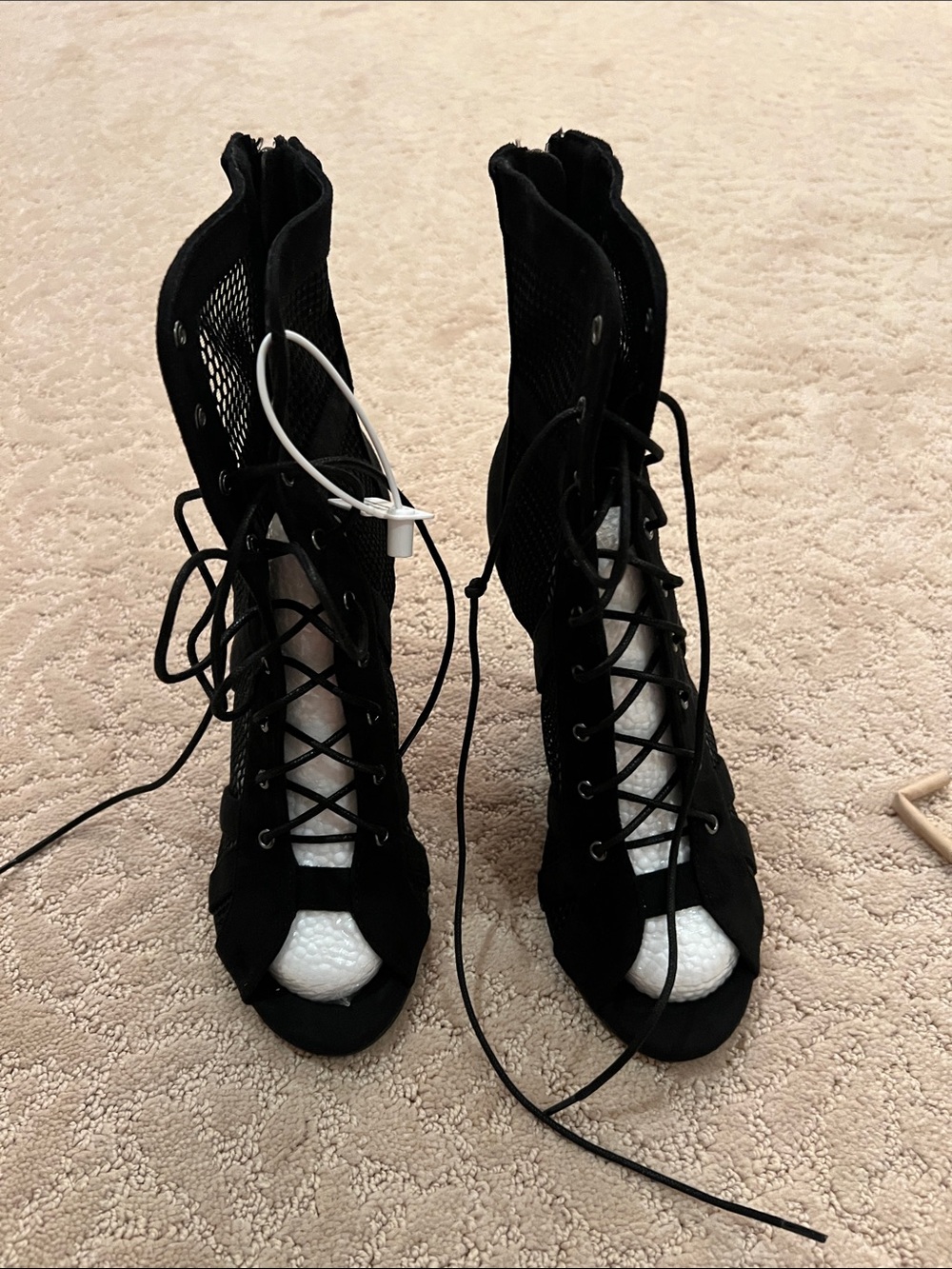 Women's Black Lace-Up Peep-Toe Heeled Boots